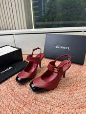 CHANEL 26S SQUARE TOE HIGH HEELS SLINGBACKS IN RED LAMBSKIN WITH BLACK TOE
