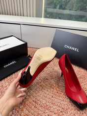 CHANEL 26S SQUARE TOE HIGH HEELS IN RED LAMBSKIN WITH BLACK TOE
