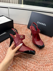CHANEL 26S SQUARE TOE HIGH HEELS SLINGBACKS IN RED LAMBSKIN WITH BLACK TOE