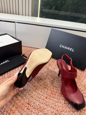 CHANEL 26S SQUARE TOE HIGH HEELS SLINGBACKS IN RED LAMBSKIN WITH BLACK TOE