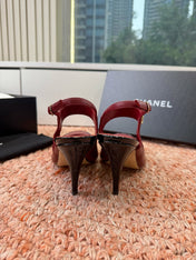 CHANEL 26S SQUARE TOE HIGH HEELS SLINGBACKS IN RED LAMBSKIN WITH BLACK TOE