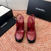 CHANEL 26S SQUARE TOE HIGH HEELS SLINGBACKS IN RED LAMBSKIN WITH BLACK TOE