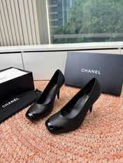 CHANEL 26S SQUARE TOE HIGH HEELS IN BLACK LAMBSKIN