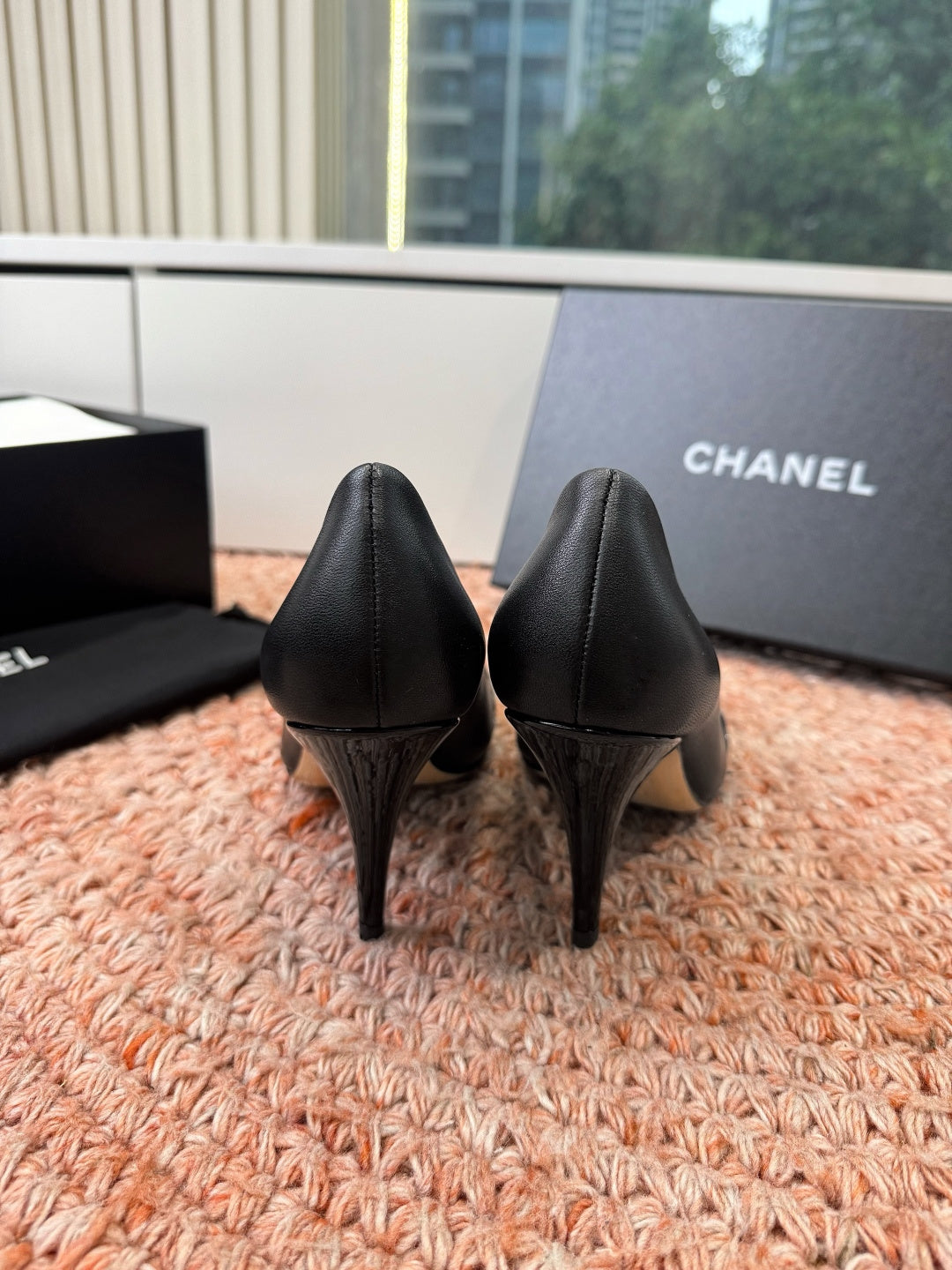 CHANEL 26S SQUARE TOE HIGH HEELS IN BLACK LAMBSKIN