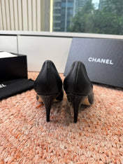 CHANEL 26S SQUARE TOE HIGH HEELS IN BLACK LAMBSKIN