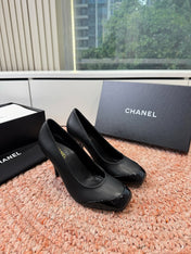 CHANEL 26S SQUARE TOE HIGH HEELS IN BLACK LAMBSKIN