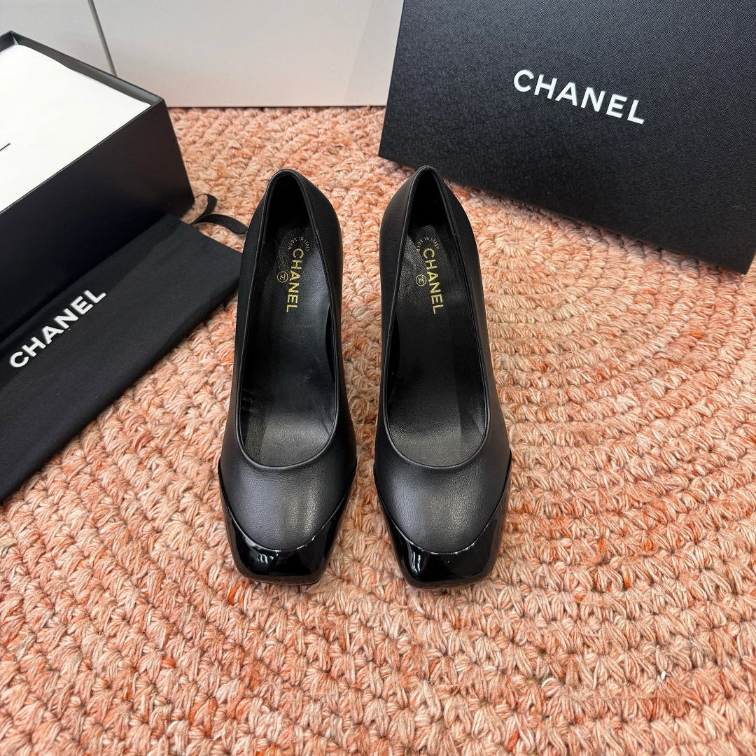 CHANEL 26S SQUARE TOE HIGH HEELS IN BLACK LAMBSKIN