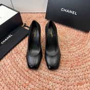 CHANEL 26S SQUARE TOE HIGH HEELS IN BLACK LAMBSKIN