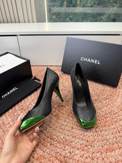 CHANEL 26S SQUARE TOE HIGH HEELS IN BLACK LAMBSKIN WITH GREEN TOE
