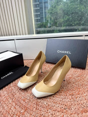 CHANEL 26S SQUARE TOE HIGH HEELS IN BEIGE LAMBSKIN WITH WHITE TOE
