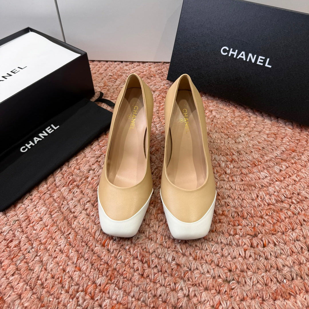 CHANEL 26S SQUARE TOE HIGH HEELS IN BEIGE LAMBSKIN WITH WHITE TOE