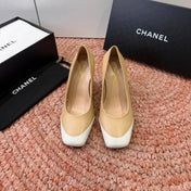 CHANEL 26S SQUARE TOE HIGH HEELS IN BEIGE LAMBSKIN WITH WHITE TOE