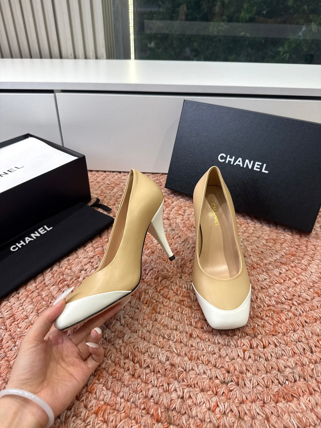 CHANEL 26S SQUARE TOE HIGH HEELS IN BEIGE LAMBSKIN WITH WHITE TOE