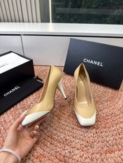 CHANEL 26S SQUARE TOE HIGH HEELS IN BEIGE LAMBSKIN WITH WHITE TOE