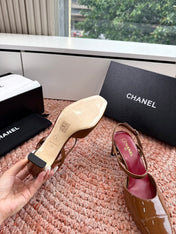 CHANEL 26S SQUARE TOE HIGH HEELS SLINGBACKS IN BROWN CALFSKIN