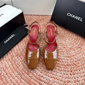 CHANEL 26S SQUARE TOE HIGH HEELS SLINGBACKS IN BROWN CALFSKIN