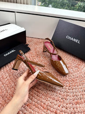 CHANEL 26S SQUARE TOE HIGH HEELS SLINGBACKS IN BROWN CALFSKIN