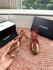 CHANEL 26S SQUARE TOE HIGH HEELS SLINGBACKS IN BROWN CALFSKIN