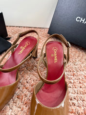 CHANEL 26S SQUARE TOE HIGH HEELS SLINGBACKS IN BROWN CALFSKIN