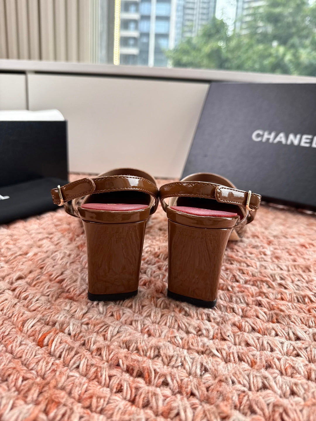CHANEL 26S SQUARE TOE HIGH HEELS SLINGBACKS IN BROWN CALFSKIN