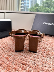 CHANEL 26S SQUARE TOE HIGH HEELS SLINGBACKS IN BROWN CALFSKIN