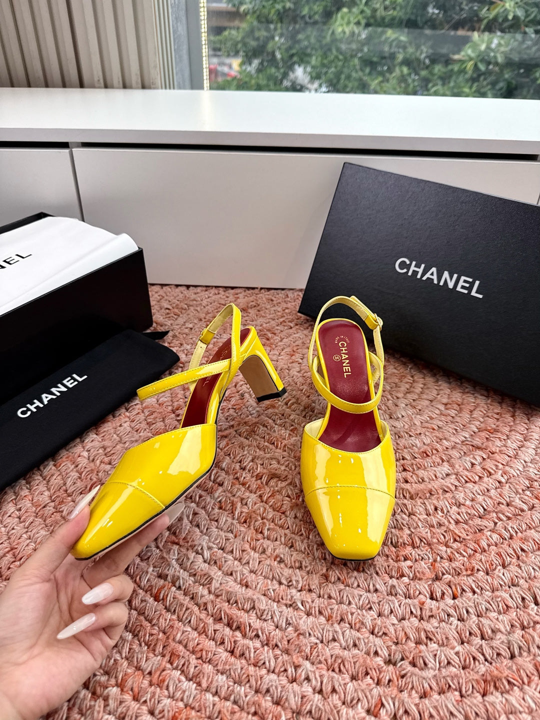 CHANEL 26S SQUARE TOE HIGH HEELS SLINGBACKS IN YELLOW CALFSKIN