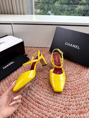 CHANEL 26S SQUARE TOE HIGH HEELS SLINGBACKS IN YELLOW CALFSKIN