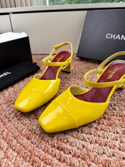 CHANEL 26S SQUARE TOE HIGH HEELS SLINGBACKS IN YELLOW CALFSKIN