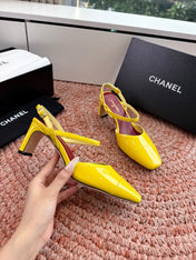 CHANEL 26S SQUARE TOE HIGH HEELS SLINGBACKS IN YELLOW CALFSKIN