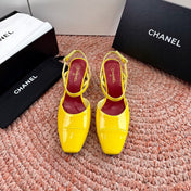 CHANEL 26S SQUARE TOE HIGH HEELS SLINGBACKS IN YELLOW CALFSKIN