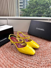 CHANEL 26S SQUARE TOE HIGH HEELS SLINGBACKS IN YELLOW CALFSKIN