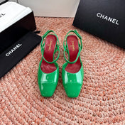 CHANEL 26S SQUARE TOE HIGH HEELS SLINGBACKS IN GREEN CALFSKIN