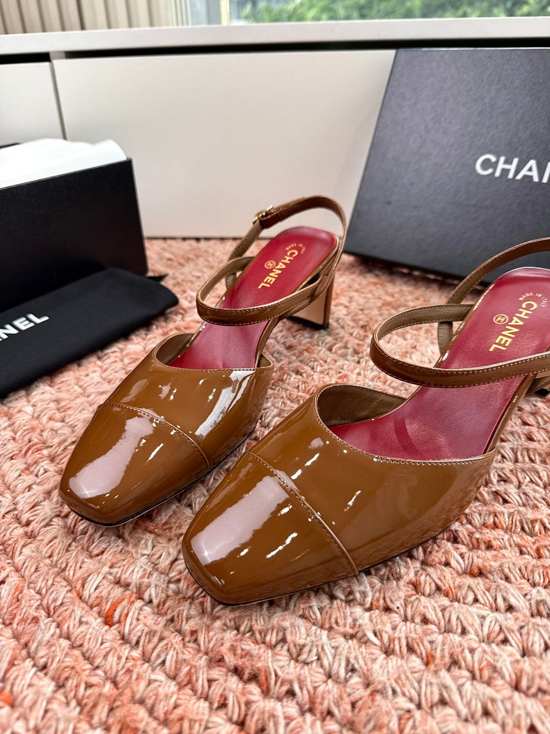 CHANEL 26S SQUARE TOE HIGH HEELS SLINGBACKS IN BROWN CALFSKIN