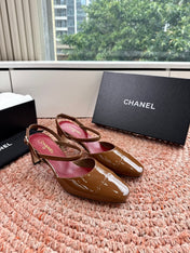 CHANEL 26S SQUARE TOE HIGH HEELS SLINGBACKS IN BROWN CALFSKIN