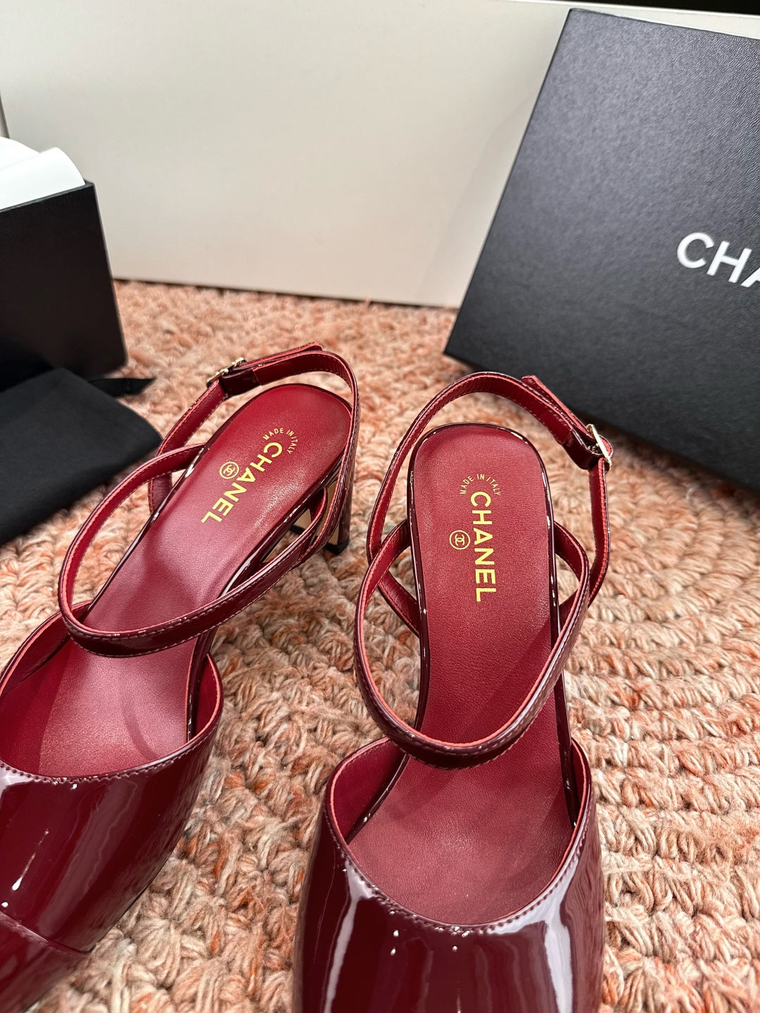 CHANEL 26S SQUARE TOE HIGH HEELS SLINGBACKS IN RED CALFSKIN