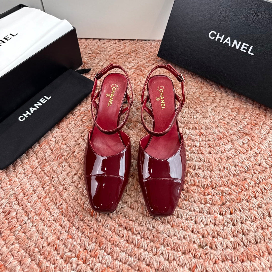 CHANEL 26S SQUARE TOE HIGH HEELS SLINGBACKS IN RED CALFSKIN
