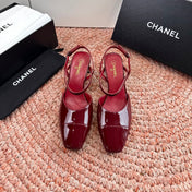 CHANEL 26S SQUARE TOE HIGH HEELS SLINGBACKS IN RED CALFSKIN
