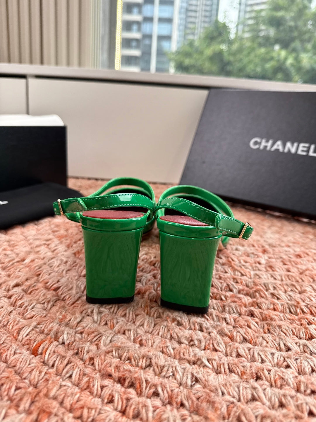 CHANEL 26S SQUARE TOE HIGH HEELS SLINGBACKS IN GREEN CALFSKIN