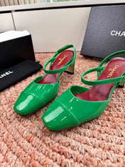 CHANEL 26S SQUARE TOE HIGH HEELS SLINGBACKS IN GREEN CALFSKIN