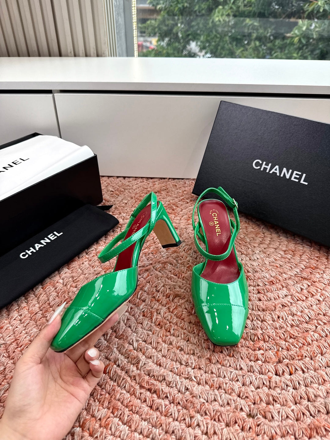 CHANEL 26S SQUARE TOE HIGH HEELS SLINGBACKS IN GREEN CALFSKIN
