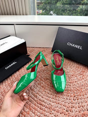 CHANEL 26S SQUARE TOE HIGH HEELS SLINGBACKS IN GREEN CALFSKIN