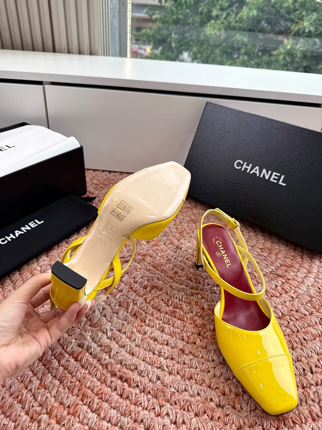 CHANEL 26S SQUARE TOE HIGH HEELS SLINGBACKS IN YELLOW CALFSKIN
