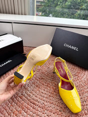 CHANEL 26S SQUARE TOE HIGH HEELS SLINGBACKS IN YELLOW CALFSKIN