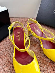 CHANEL 26S SQUARE TOE HIGH HEELS SLINGBACKS IN YELLOW CALFSKIN