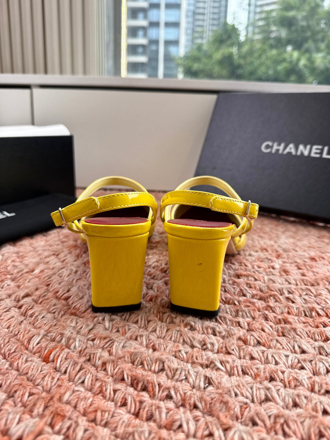 CHANEL 26S SQUARE TOE HIGH HEELS SLINGBACKS IN YELLOW CALFSKIN