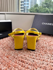 CHANEL 26S SQUARE TOE HIGH HEELS SLINGBACKS IN YELLOW CALFSKIN