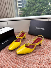 CHANEL 26S SQUARE TOE HIGH HEELS SLINGBACKS IN YELLOW CALFSKIN