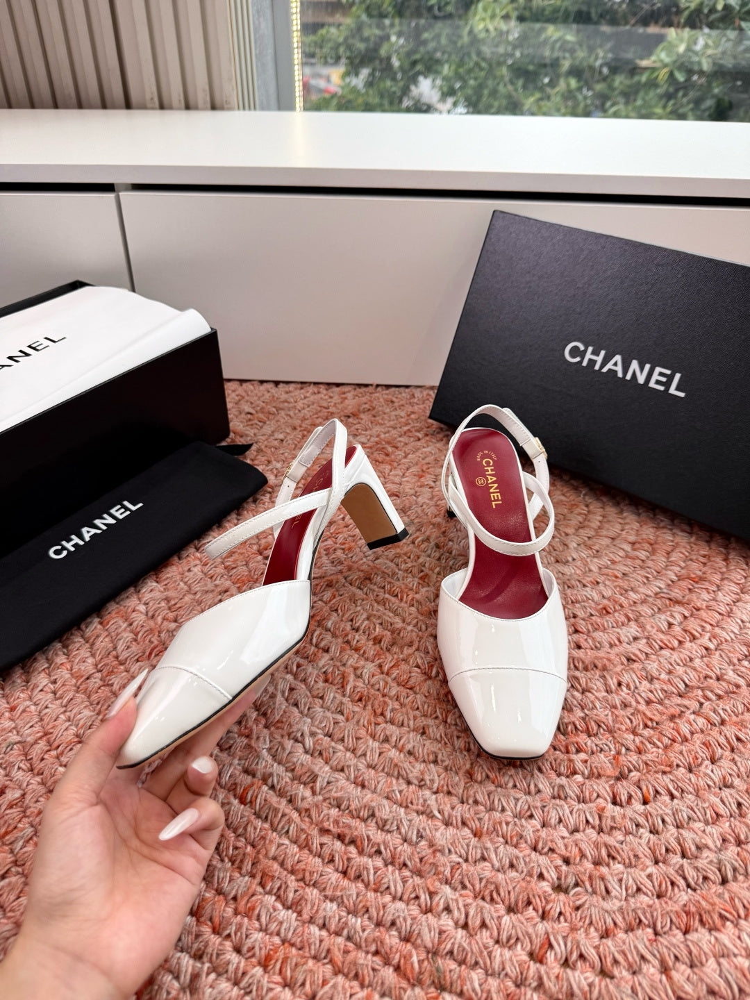 CHANEL 26S SQUARE TOE HIGH HEELS SLINGBACKS IN WHITE CALFSKIN