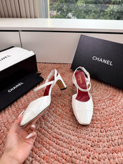CHANEL 26S SQUARE TOE HIGH HEELS SLINGBACKS IN WHITE CALFSKIN