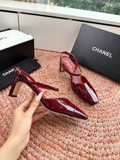 CHANEL 26S SQUARE TOE HIGH HEELS SLINGBACKS IN RED CALFSKIN